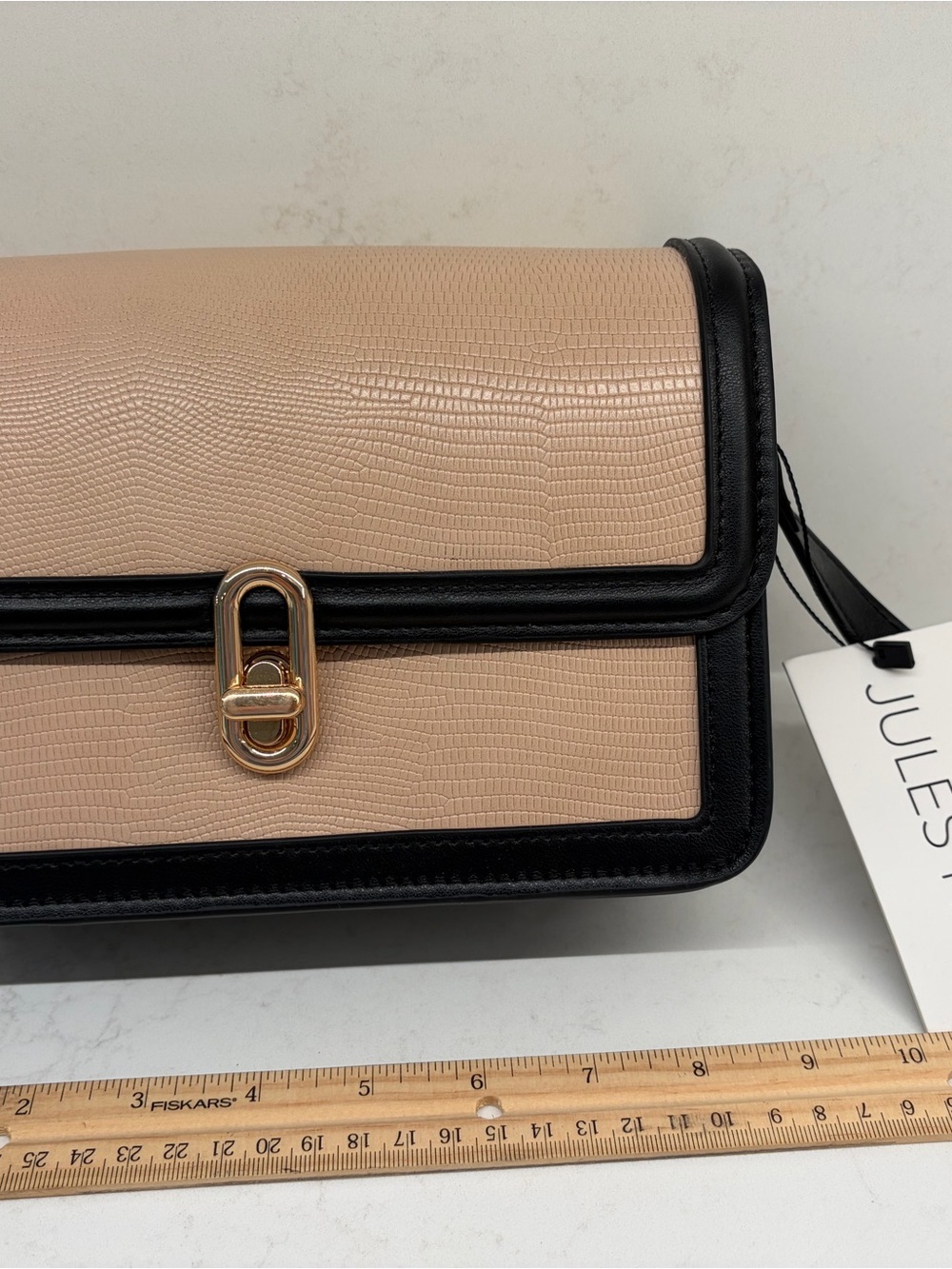 Jules Kae Beige and Black Textured Lizard-Embossed Crossbody NWT